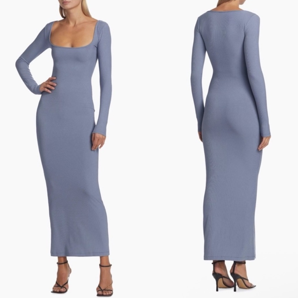 SKIMS Scoop Neck Long Sleeve Maxi Dress in Dusty Blue
